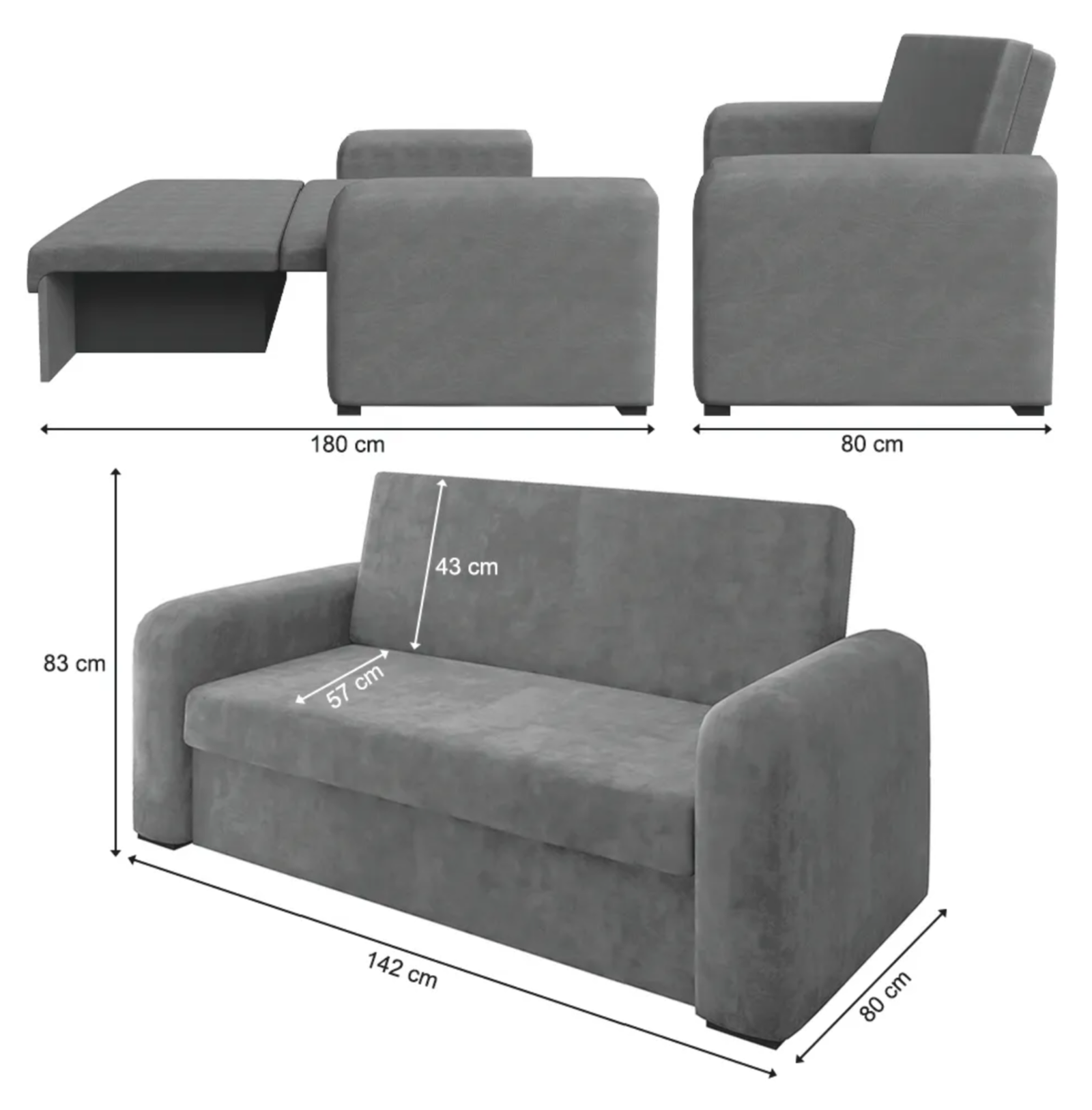 Sofá Cama Versátil 2 Lugares Veludo Selmer - Cinza - Image 4