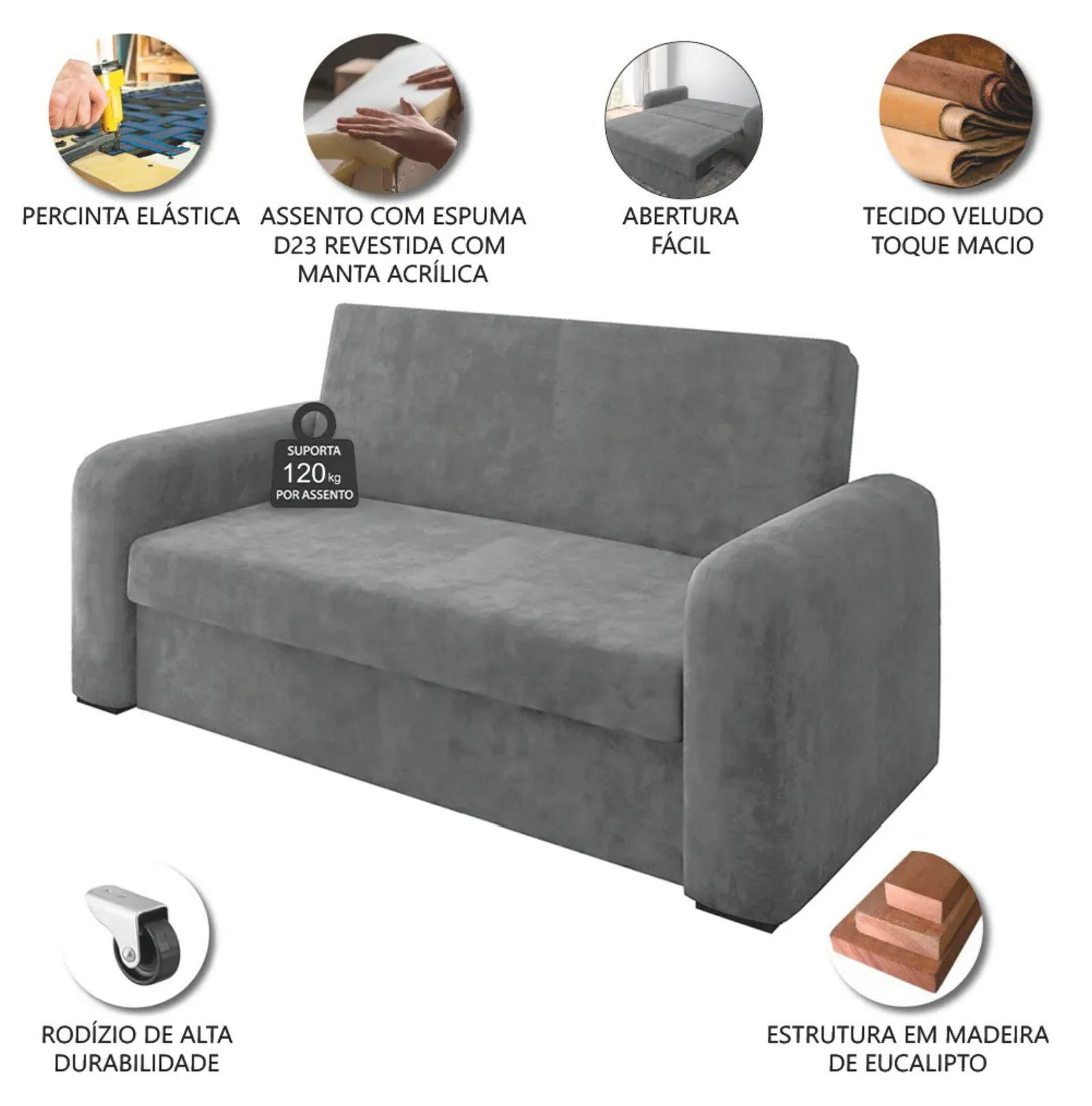 Sofá Cama Versátil 2 Lugares Veludo Selmer - Cinza - Image 3