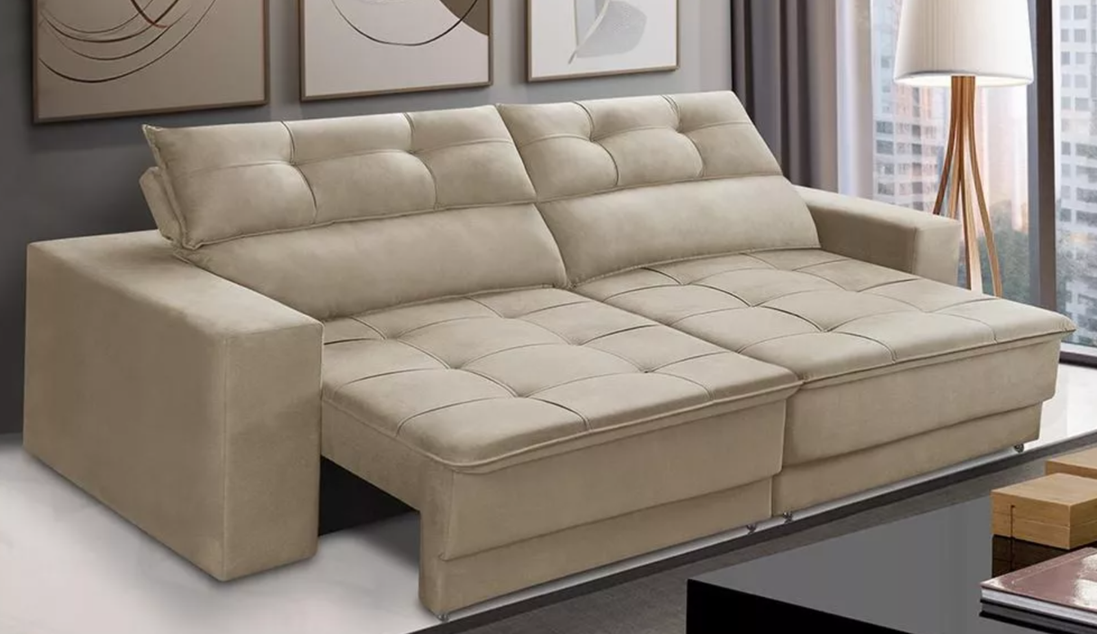 Sofá Retrátil 2 Lugares 1,50m Molas Emily Suede Bege - Image 6