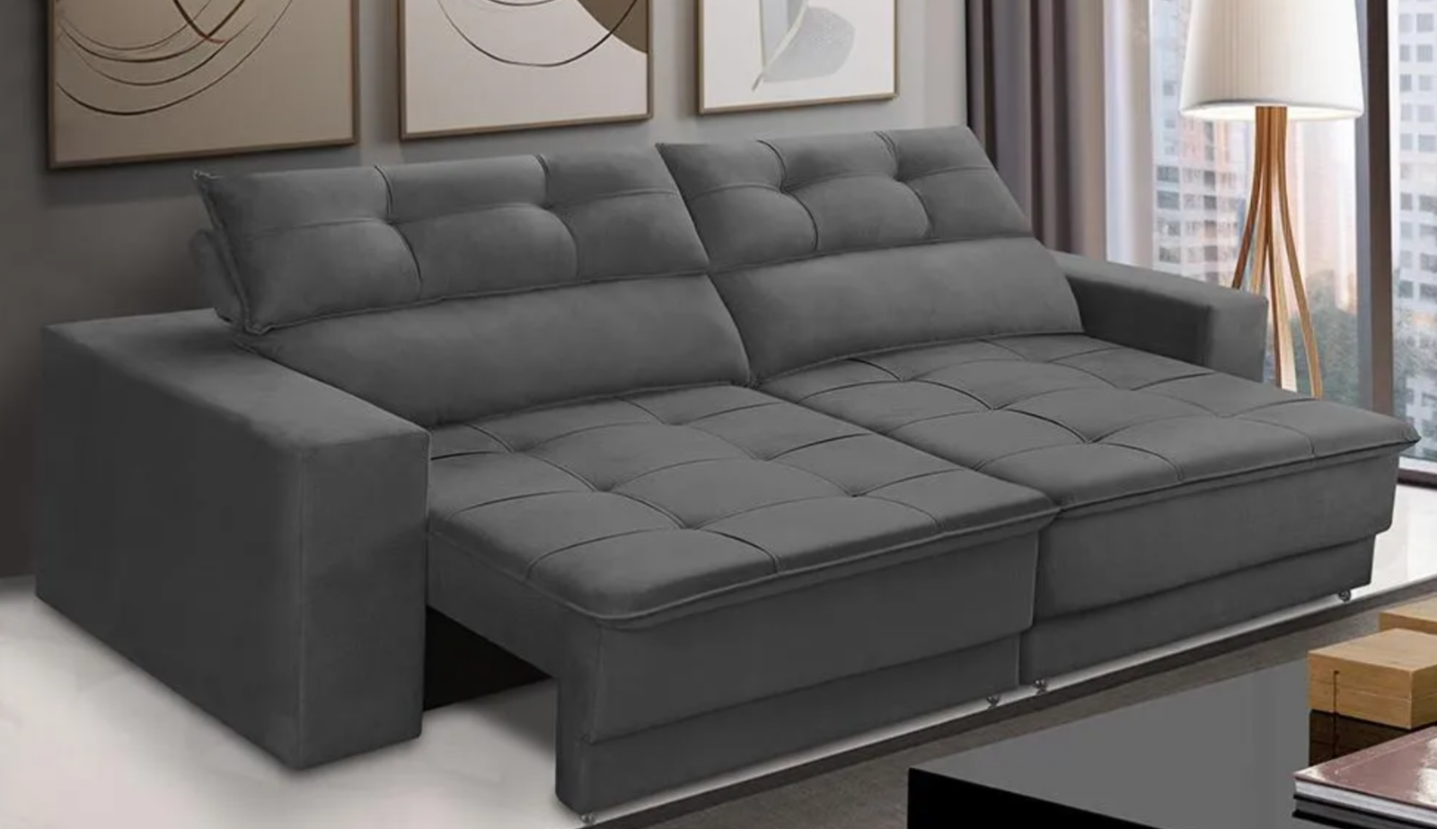 Sofá Retrátil 2 Lugares 1,50m Molas Emily Suede Cinza - Image 5