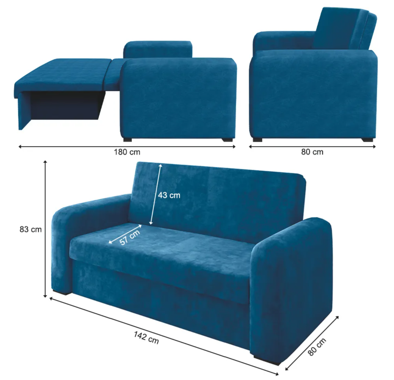 Sofá Cama 2 Lugares Veludo Selmer Estofados Azul - Image 3